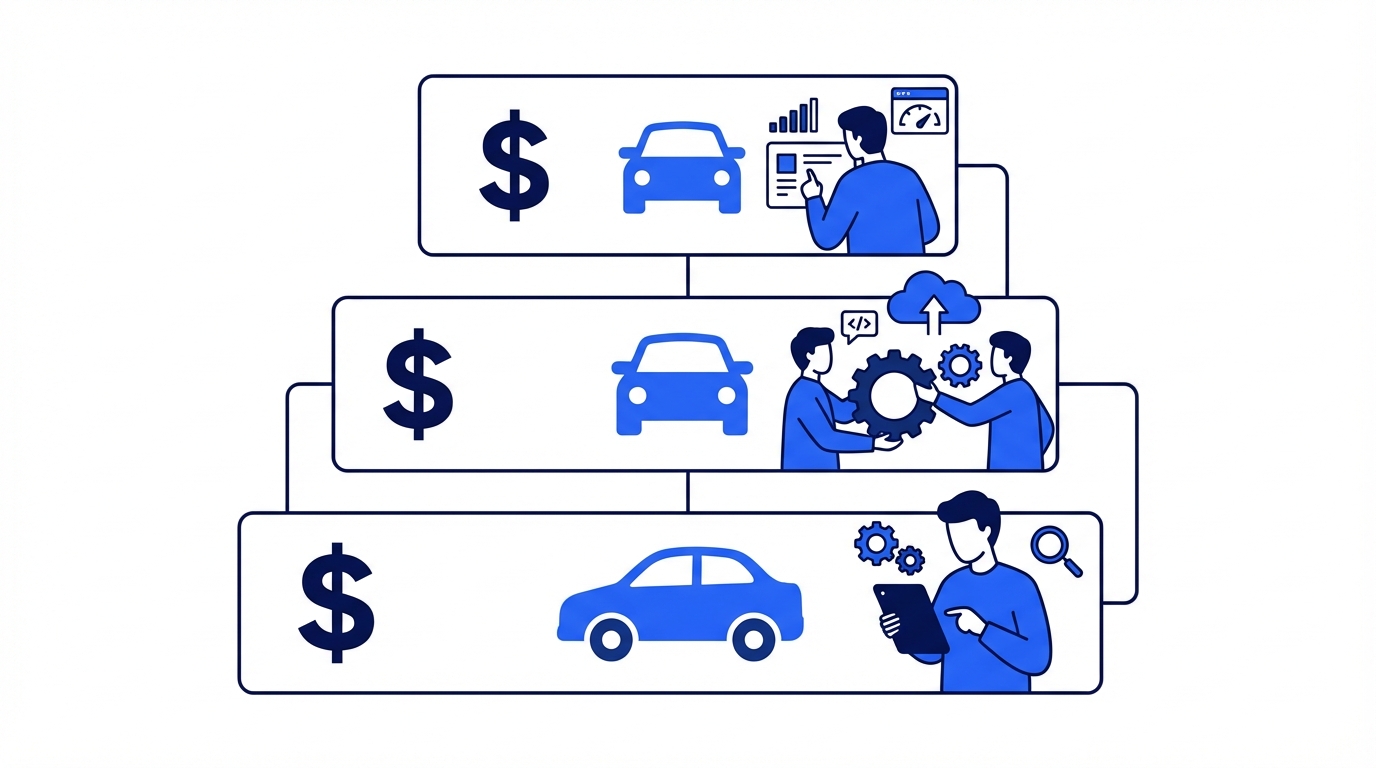 Sales pitch framework for presenting GEO services to auto dealer clients with competitive audit comparison and pricing tiers