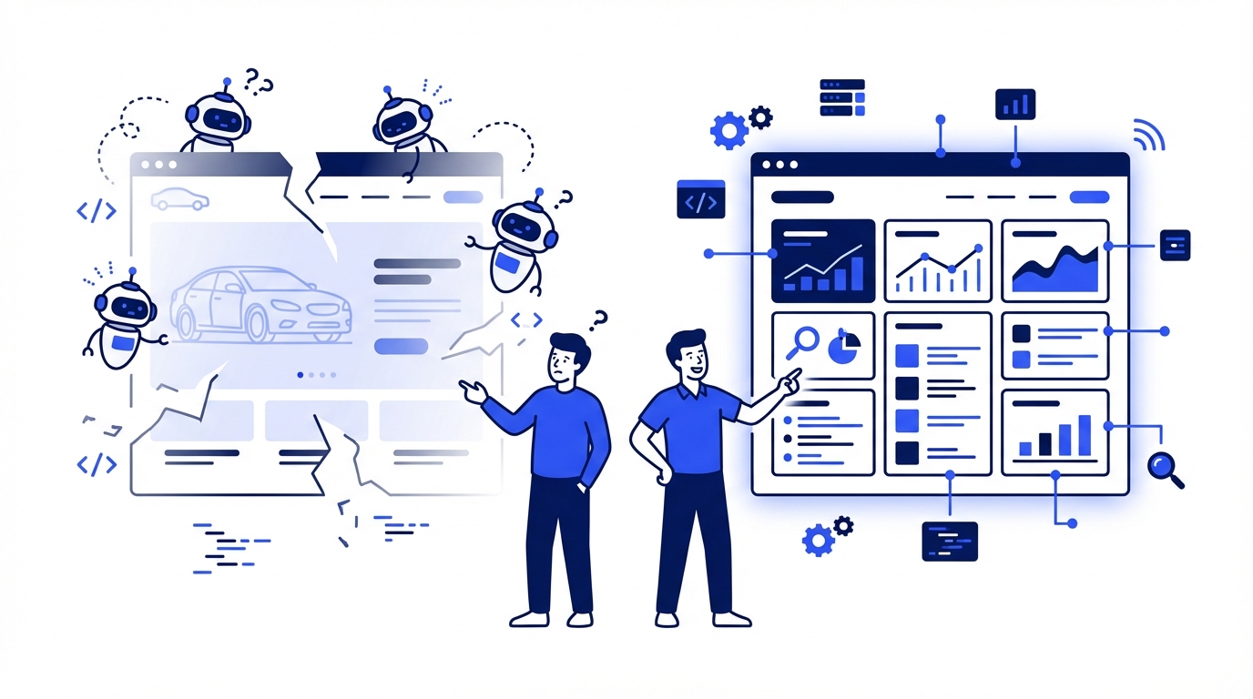 Diagram showing how AI search engines like ChatGPT and Perplexity recommend auto dealerships based on structured data, reviews, and informational content