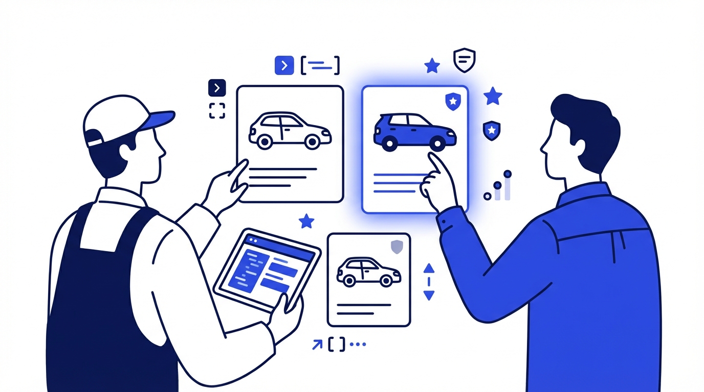 Infographic illustrating the 5-step GEO optimization process for auto dealerships including schema markup, content creation, and review signals