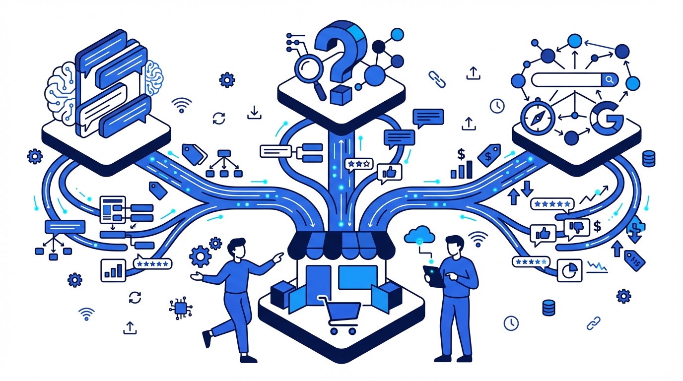 Diagram showing how AI shopping engines like ChatGPT and Perplexity evaluate Shopify product schema for recommendations