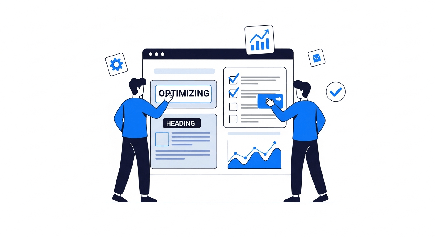 Person optimizing webpage content structure with headings, checklists, and data charts for AI search visibility
