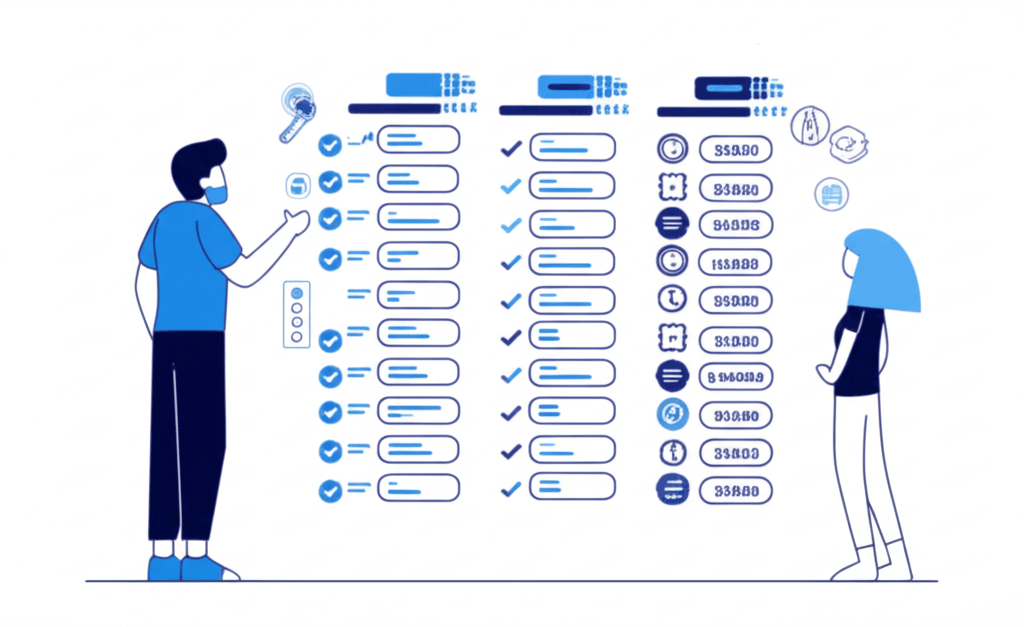 Person analyzing a comparison chart of AI citation tracking tools with pricing tiers and feature checkmarks